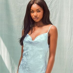 Lulu’s Close to Your Heart Dusty Blue Satin Jacquard Cowl Slip Dress